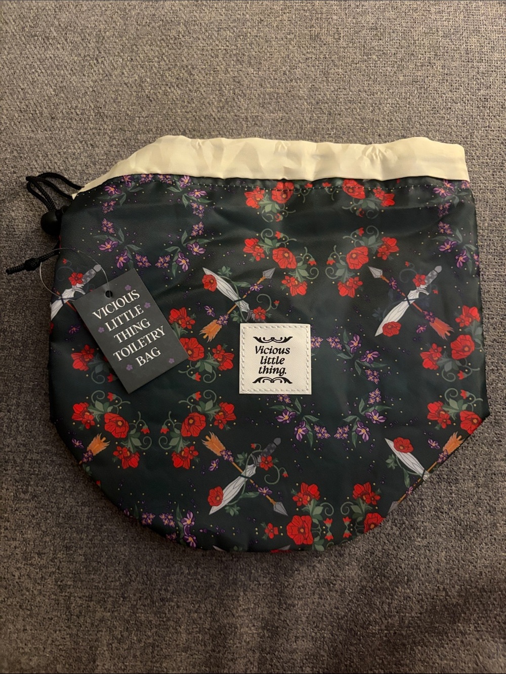 Vicious Little Thing Floral Drawstring Cosmetic Bag - Black with Red Flowers